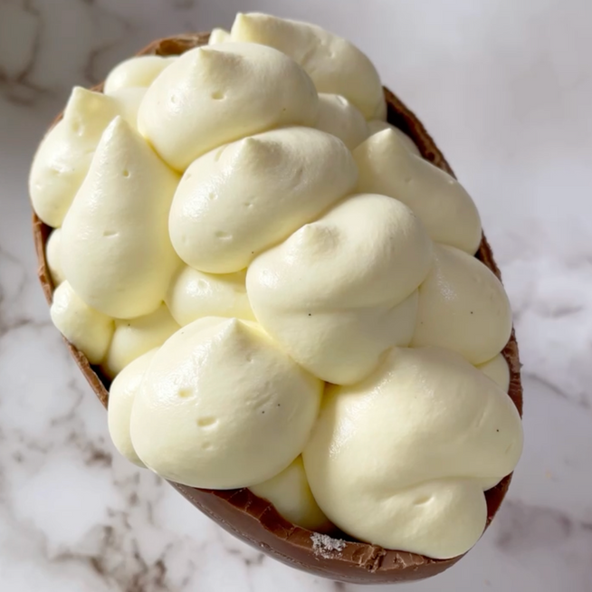 Un uovo di cioccolato ripieno di panna montata su un tavolo