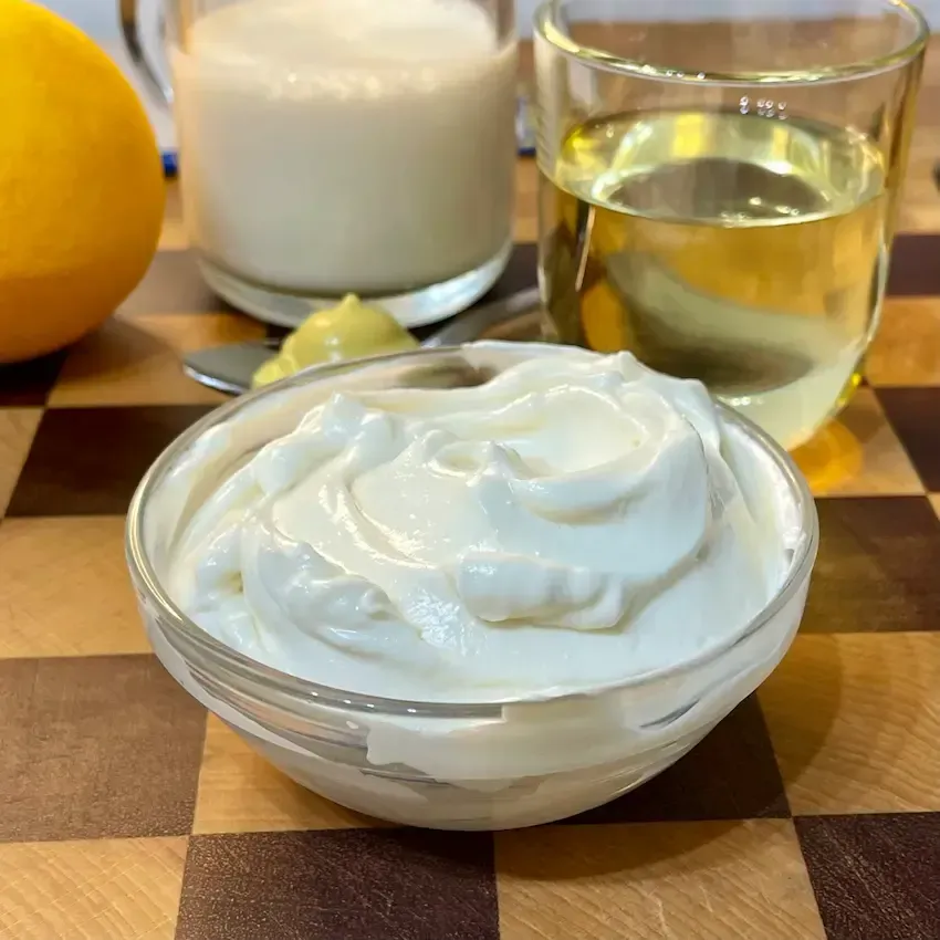 Ciotola di maionese vegana densa e bianca, preparata con latte di soia e senza uova.