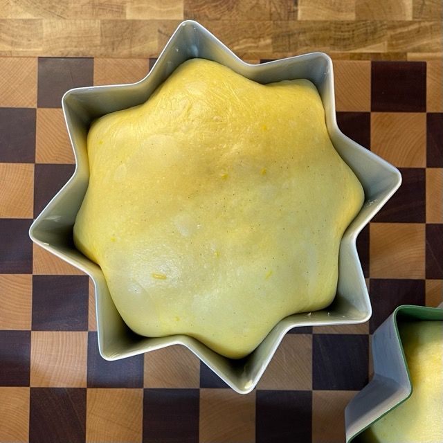 Pandoro coperto con pellicola, pronto per l'ultima lievitazione.
