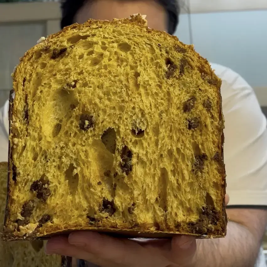 Panettone artigianale fatto in casa alto e soffice, tagliato a metà per mostrare l' alveolatura