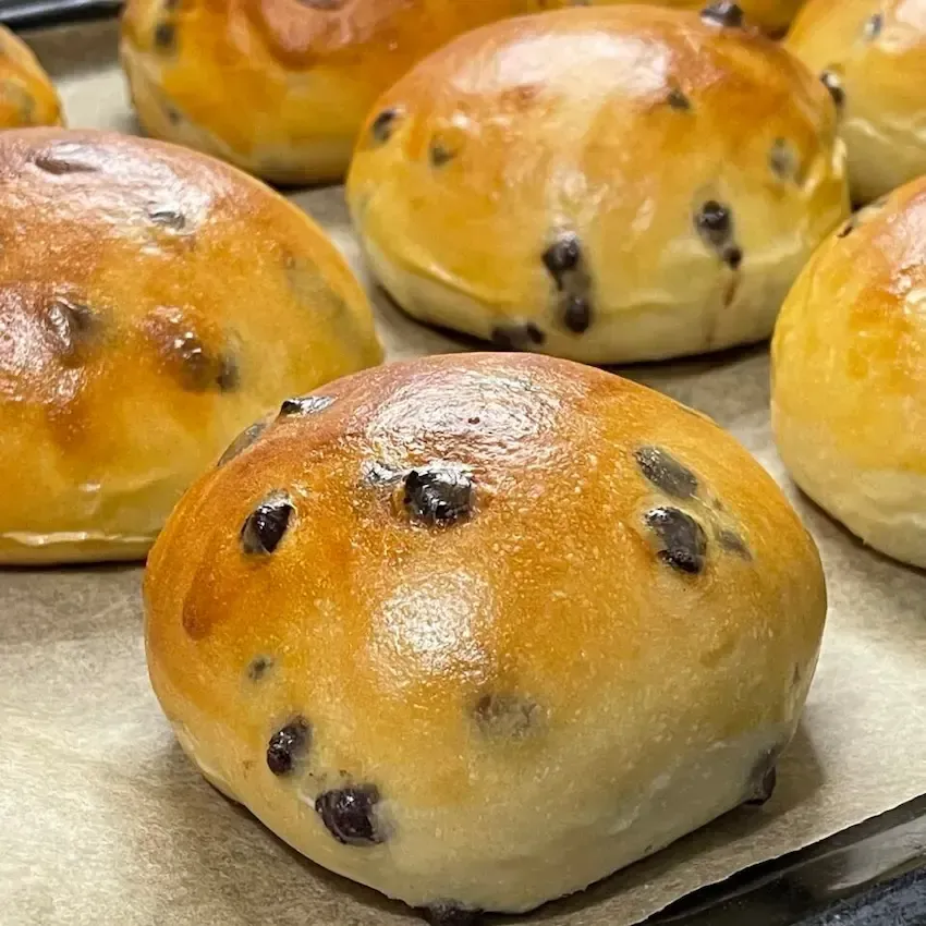 primo piano di Panini soffici con gocce di cioccolato (pan goccioli) fatti in casa, appena sfornati 