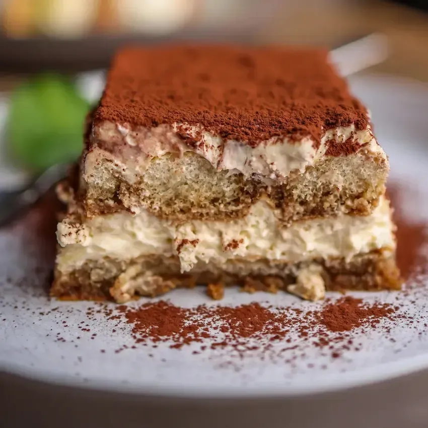 Tiramisù senza uova fatto in casa in una pirofila di vetro, con una spolverata abbondante di cacao a