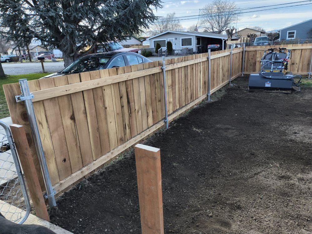 Wooden fence in a yard; a car and houses are visible in the background.