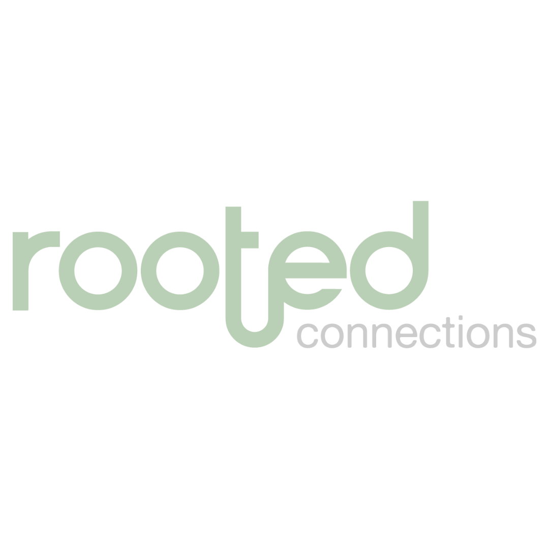 The rooted connections logo is green and white on a white background.