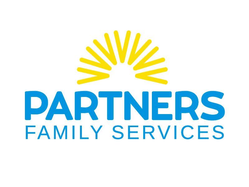 A blue and yellow logo for partners family services