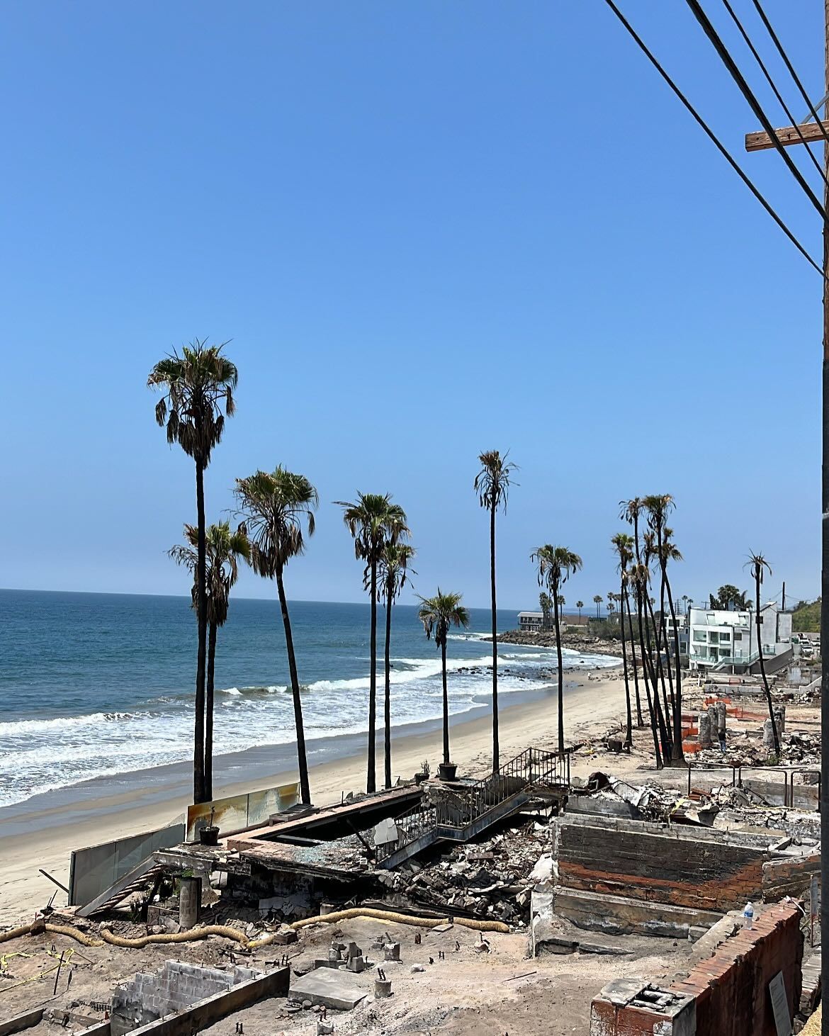 Palm trees stand near a sandy beach and ocean, overlooking ruins of buildings destroyed by fire under a clear blue sky.