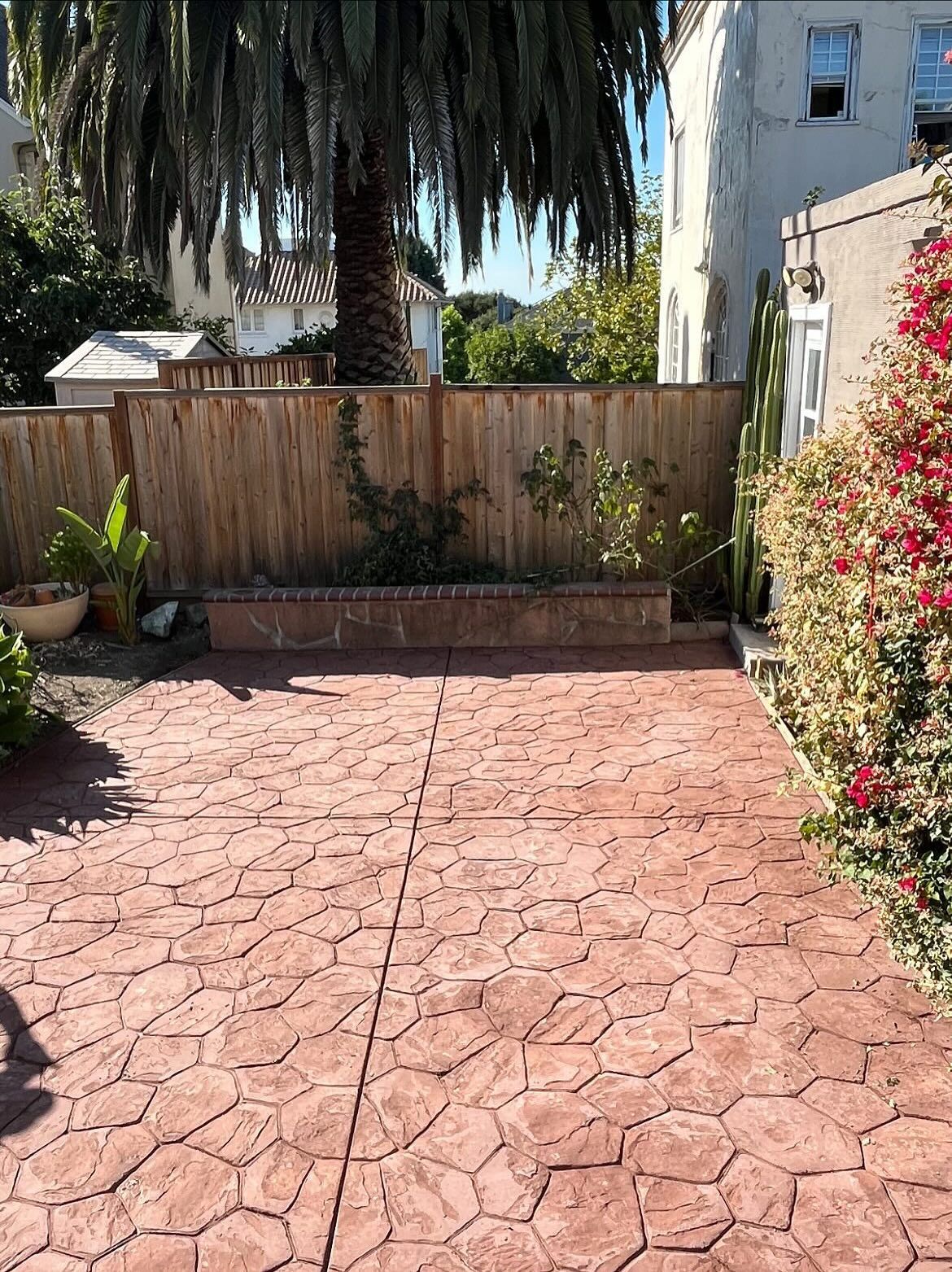 A sunny patio with red stamped concrete pavers, a wooden fence, a tall palm tree, and garden beds with plants.