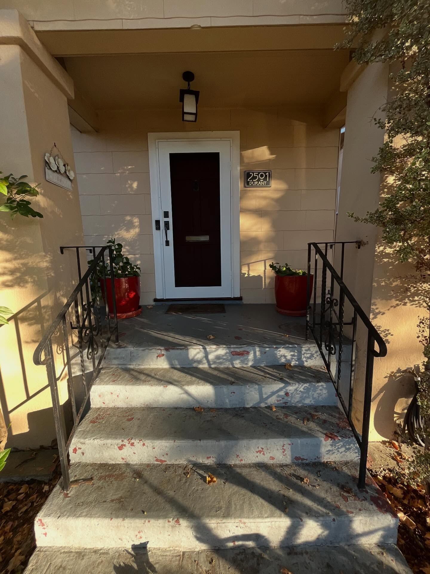A concrete stairway leading up to a beige house entrance with a white-framed door and red potted plants on both sides.