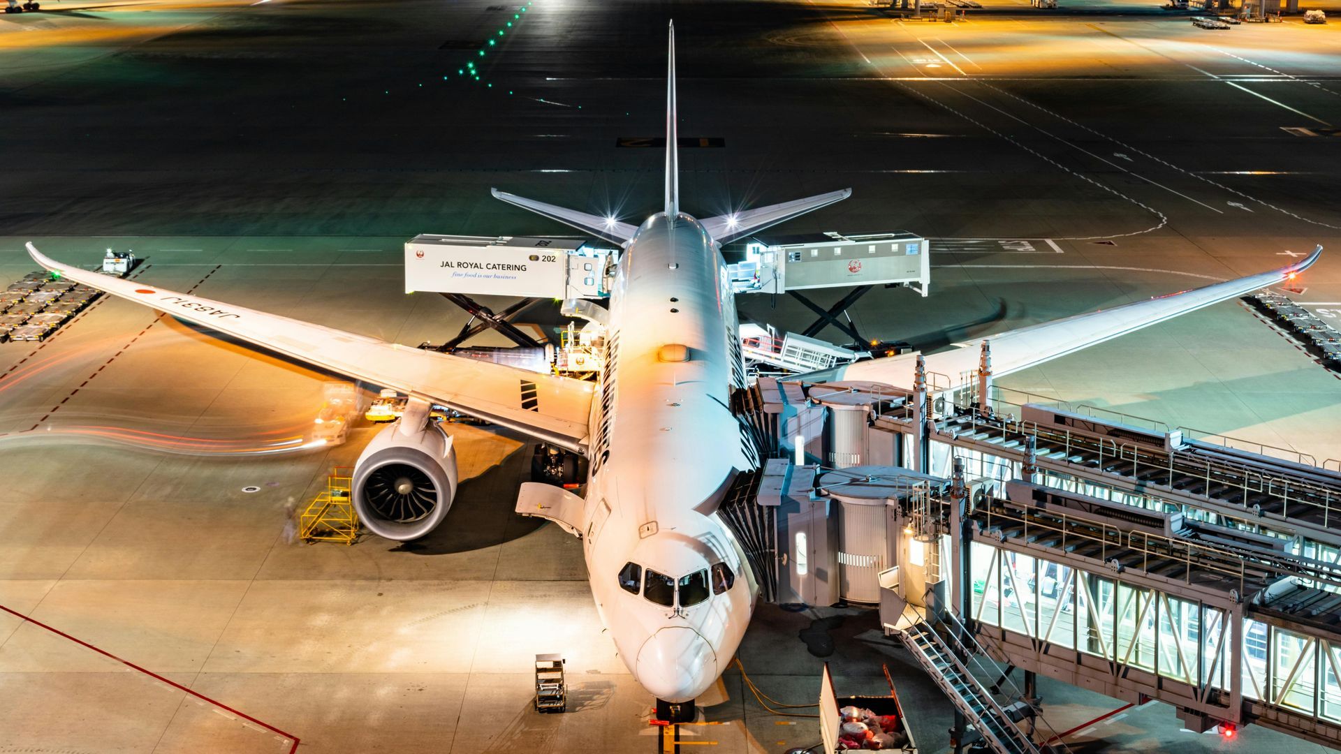Airplane at a terminal gate at night. Lights illuminate the aircraft and boarding bridges.