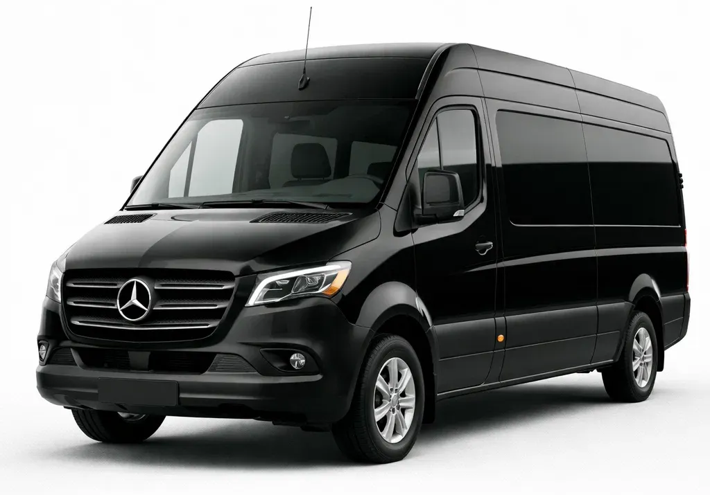Black Mercedes-Benz Sprinter van, parked outside.