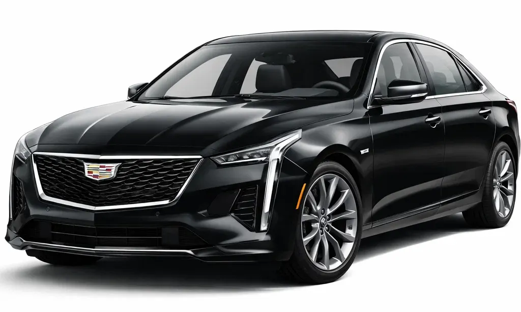 Black Cadillac CT5 sedan, front view, parked, shiny.