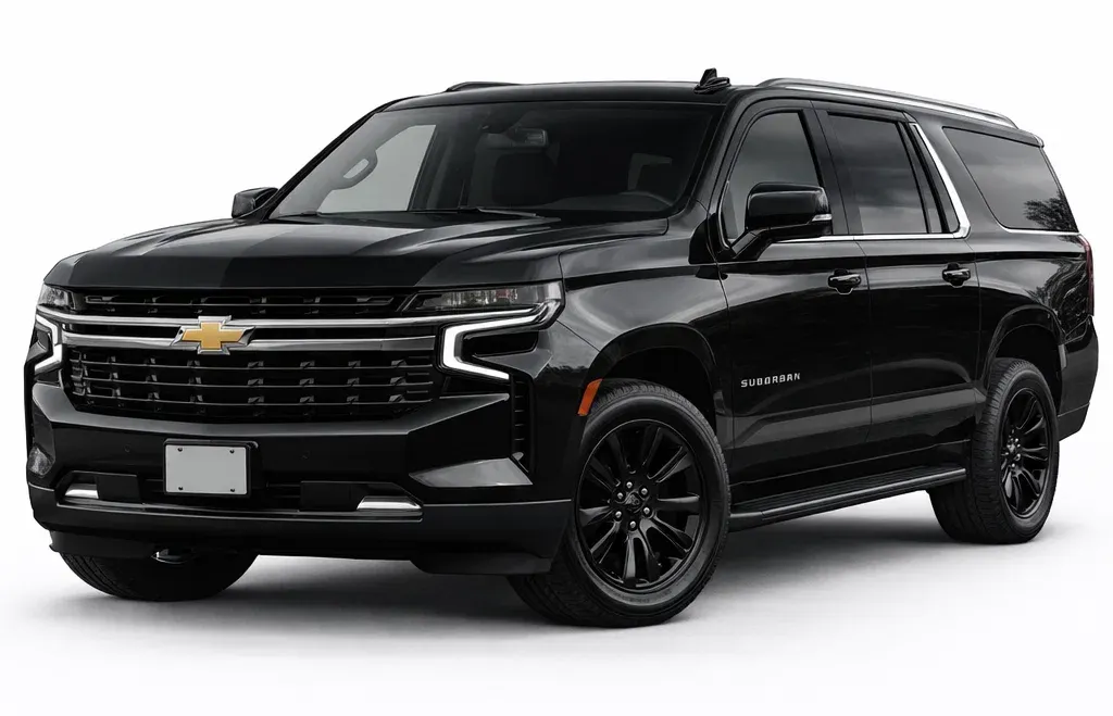 Black Chevrolet Tahoe SUV. Front view, black wheels, against a white background.