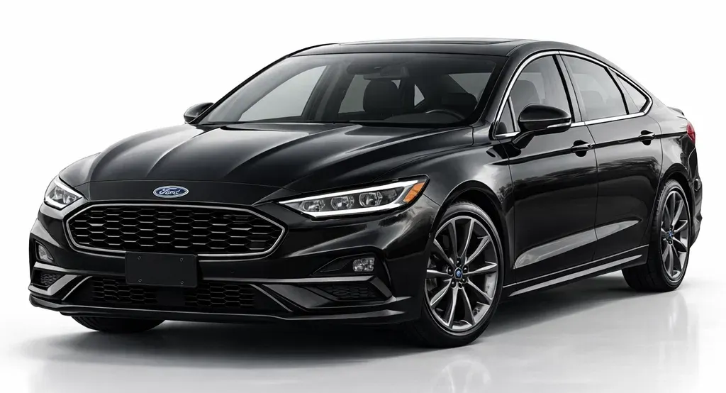 Black Ford Fusion sedan on a white background, angled view.