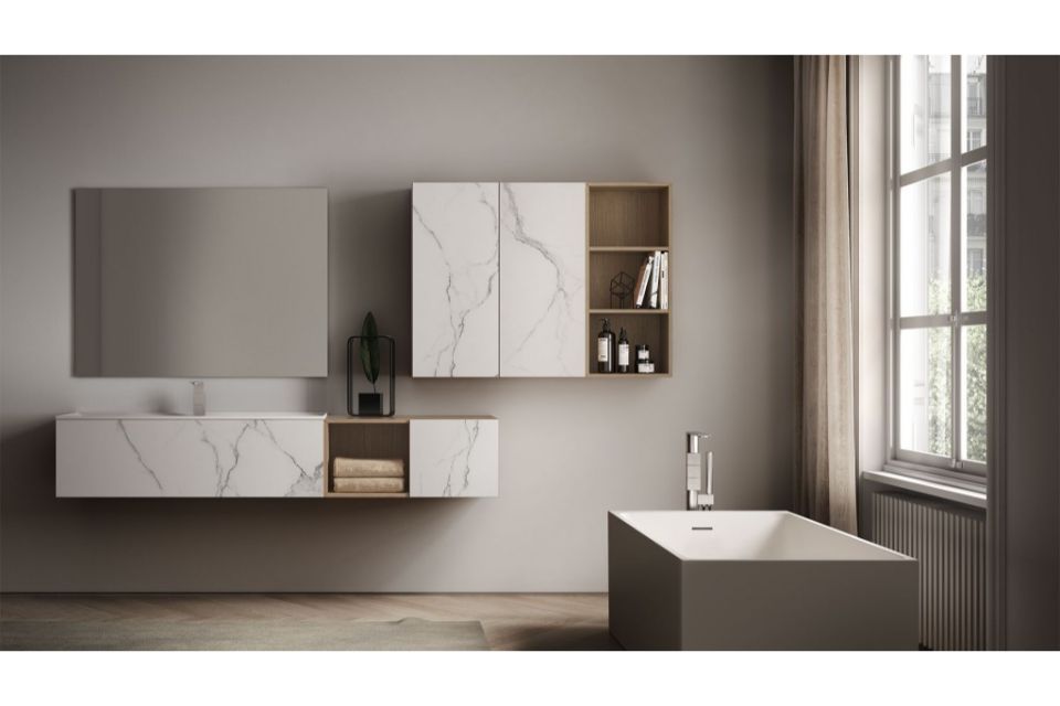 mobili per il bagno in legno e marmo