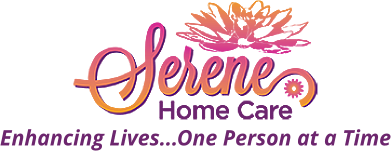 Logo for Serene Home Care: stylized text and lotus flower in shades of orange and pink. Tagline: "Enhancing Lives...One Person at a Time".