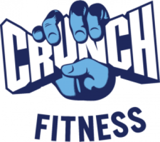 Crunch Fitness logo: a blue hand grips the word 