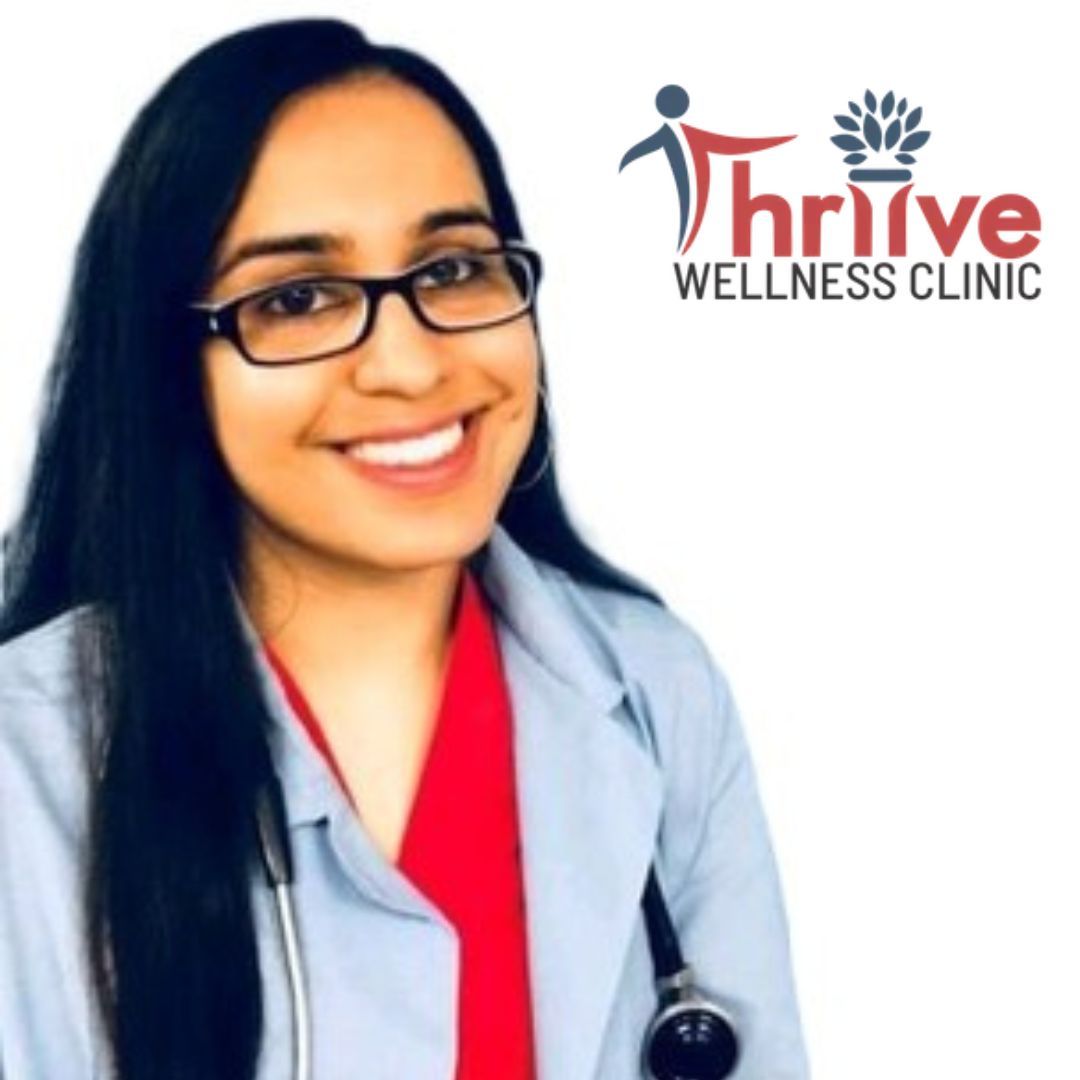 A logo for thrive wellness clinic with a person and a plant in Guelph, ON