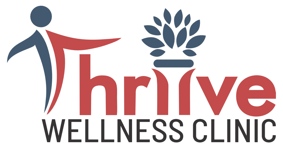 A logo for thrive wellness clinic with a person and a plant.