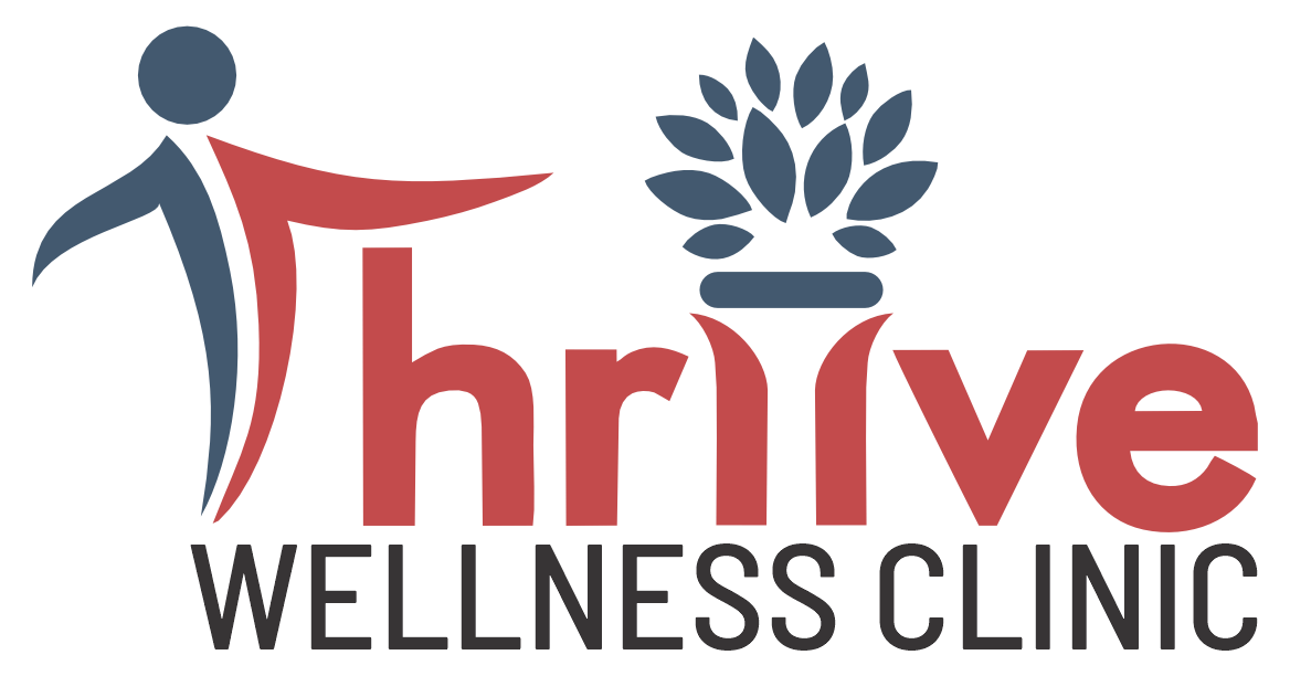 A logo for thrive wellness clinic with a person and a plant in Guelph, ON
