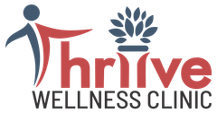 A logo for thrive wellness clinic with a person and a plant.