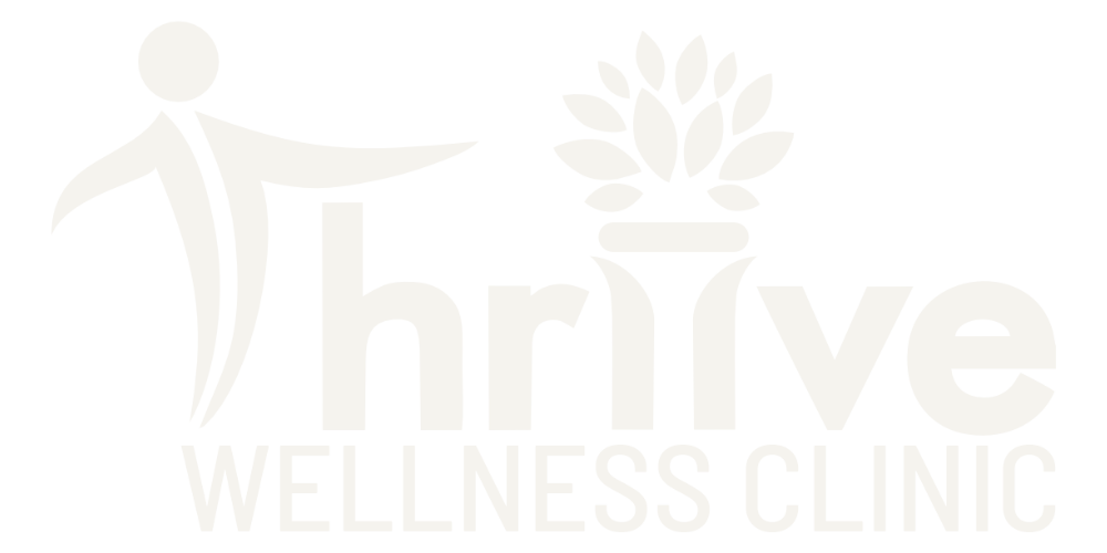 A logo for thrive wellness clinic with a person and a plant.