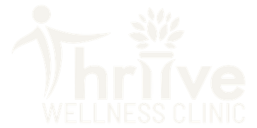 A logo for thrive wellness clinic with a person and a plant.