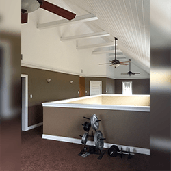 Brown-walled room with a loft, ceiling fans, and workout equipment. White trim and brown carpet.
