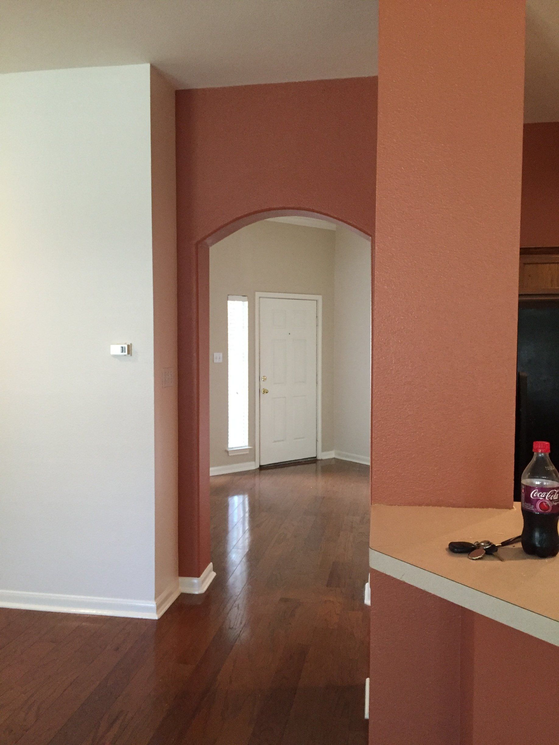 Entryway with arched opening, white door, and red-brown painted walls. Dark wood floors.