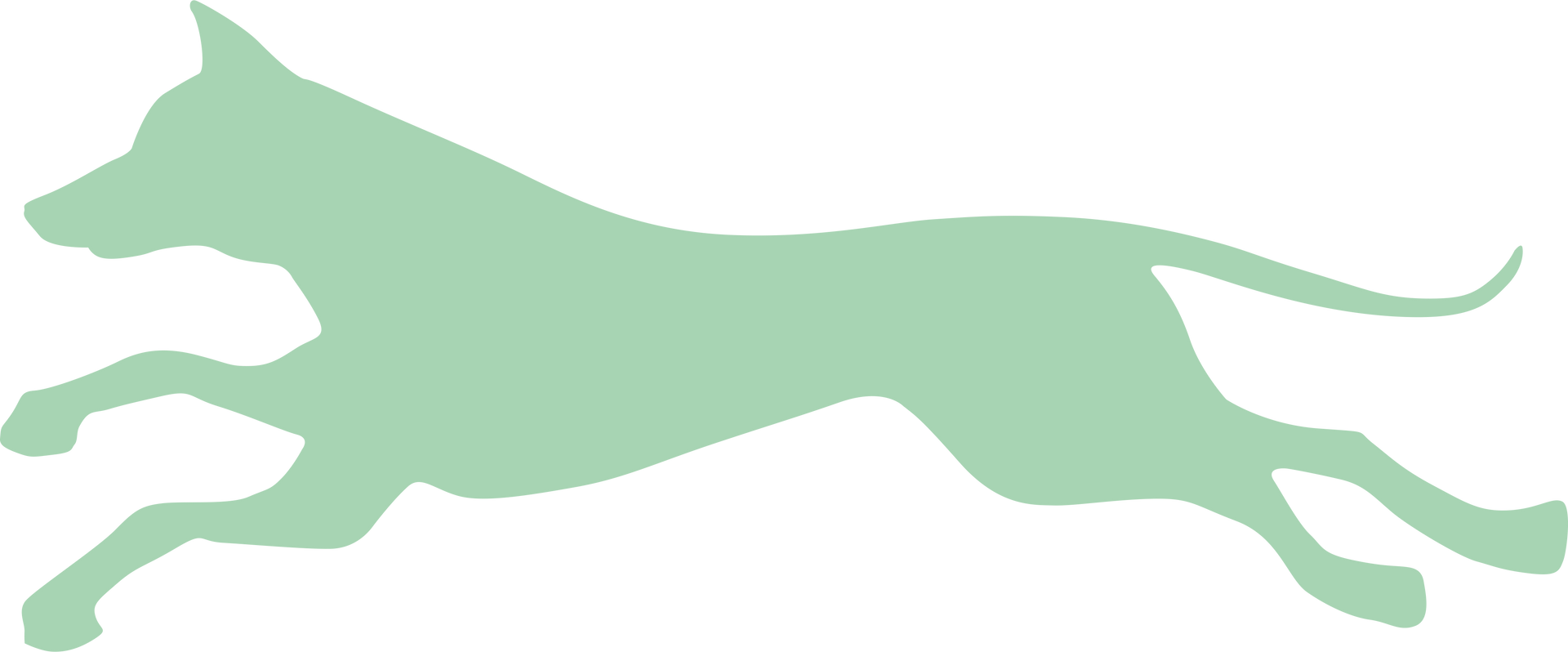 Lichtgroen silhouet van een hond in volle sprong, met een lange staart en puntige oren.