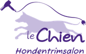 Paars logo: silhouet van een rennende hond, föhn, de tekst 
