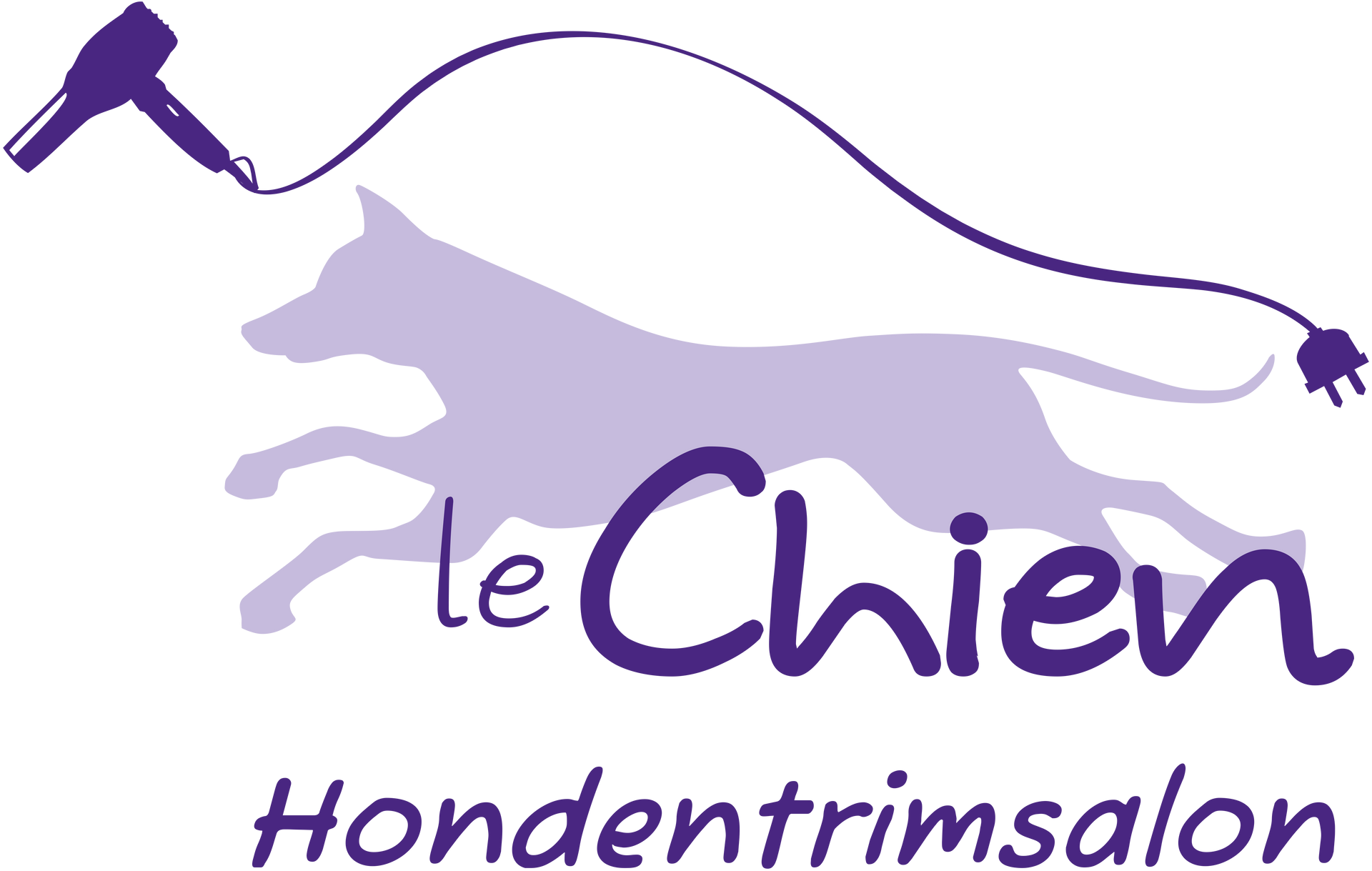 Paars logo: silhouet van een rennende hond, föhn, de tekst 