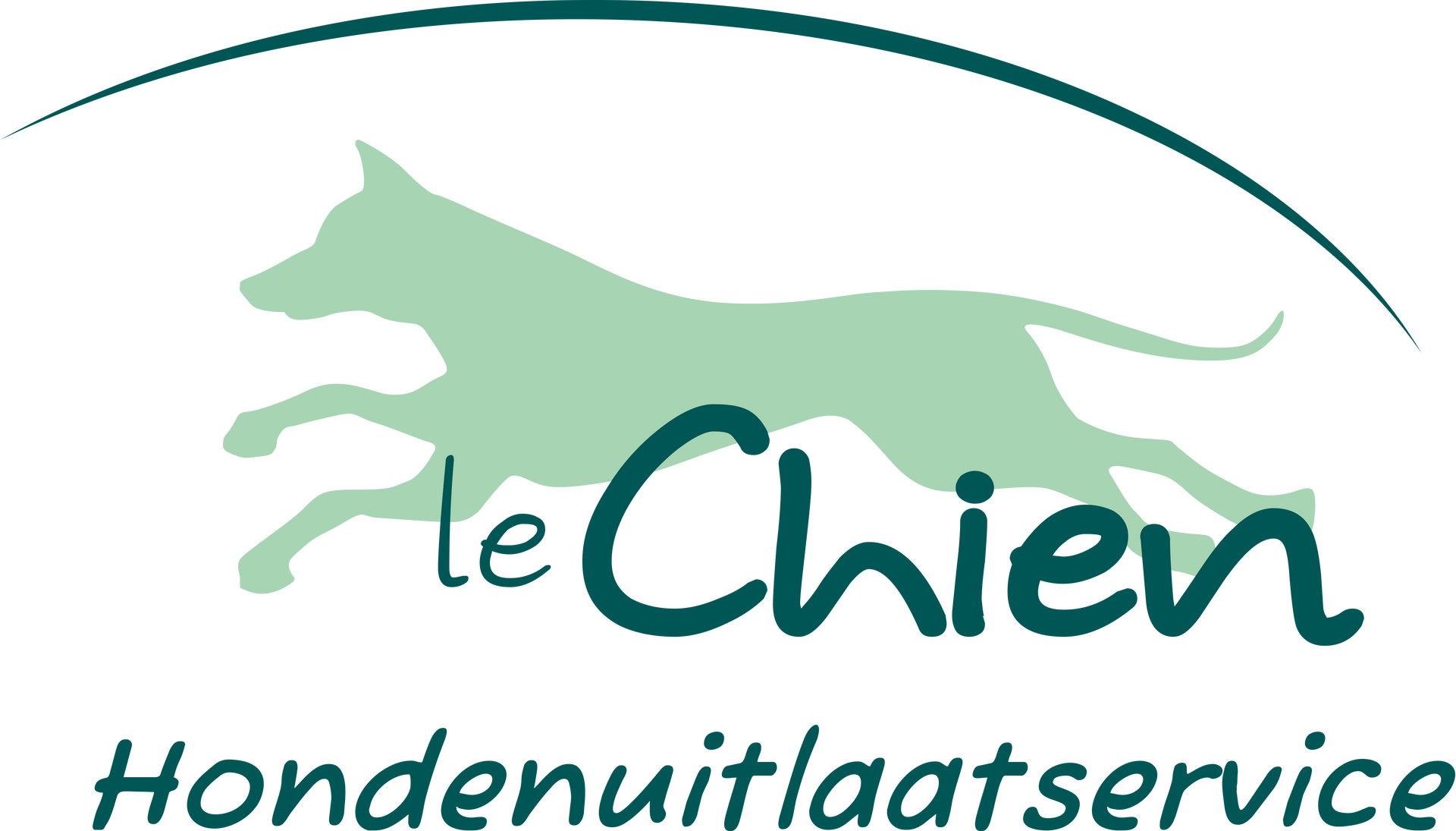 Green dog silhouette leaping, with text 