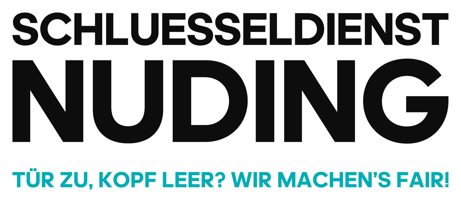 Logo für Schlüsseldiest Nuding. Schwarzer Text auf weißem Hintergrund, blaugrüner Slogan.