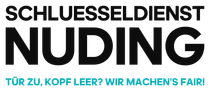 Logo für Schlüsseldiest Nuding. Schwarzer Text auf weißem Hintergrund, blaugrüner Slogan.