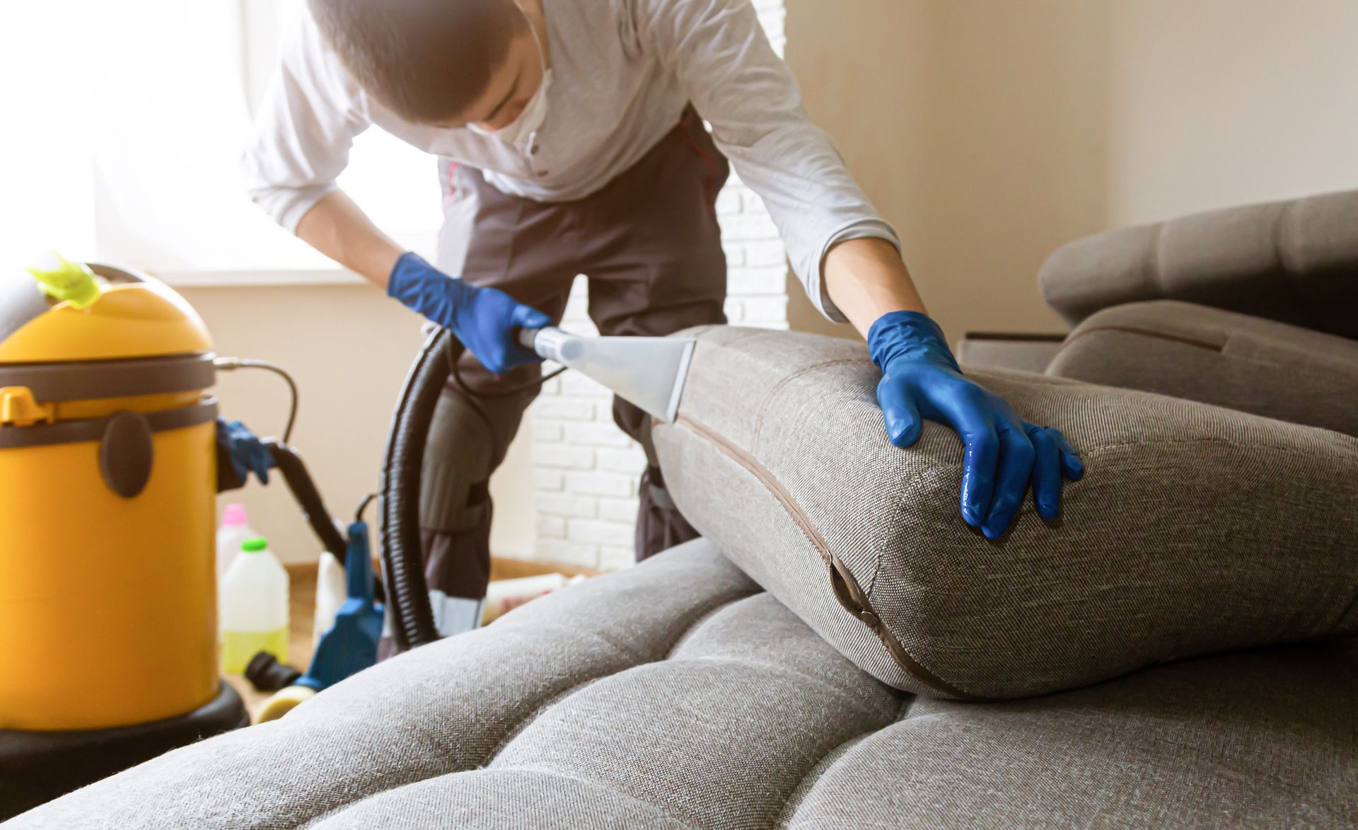 Cleaning a couch with a vacuum cleaner.