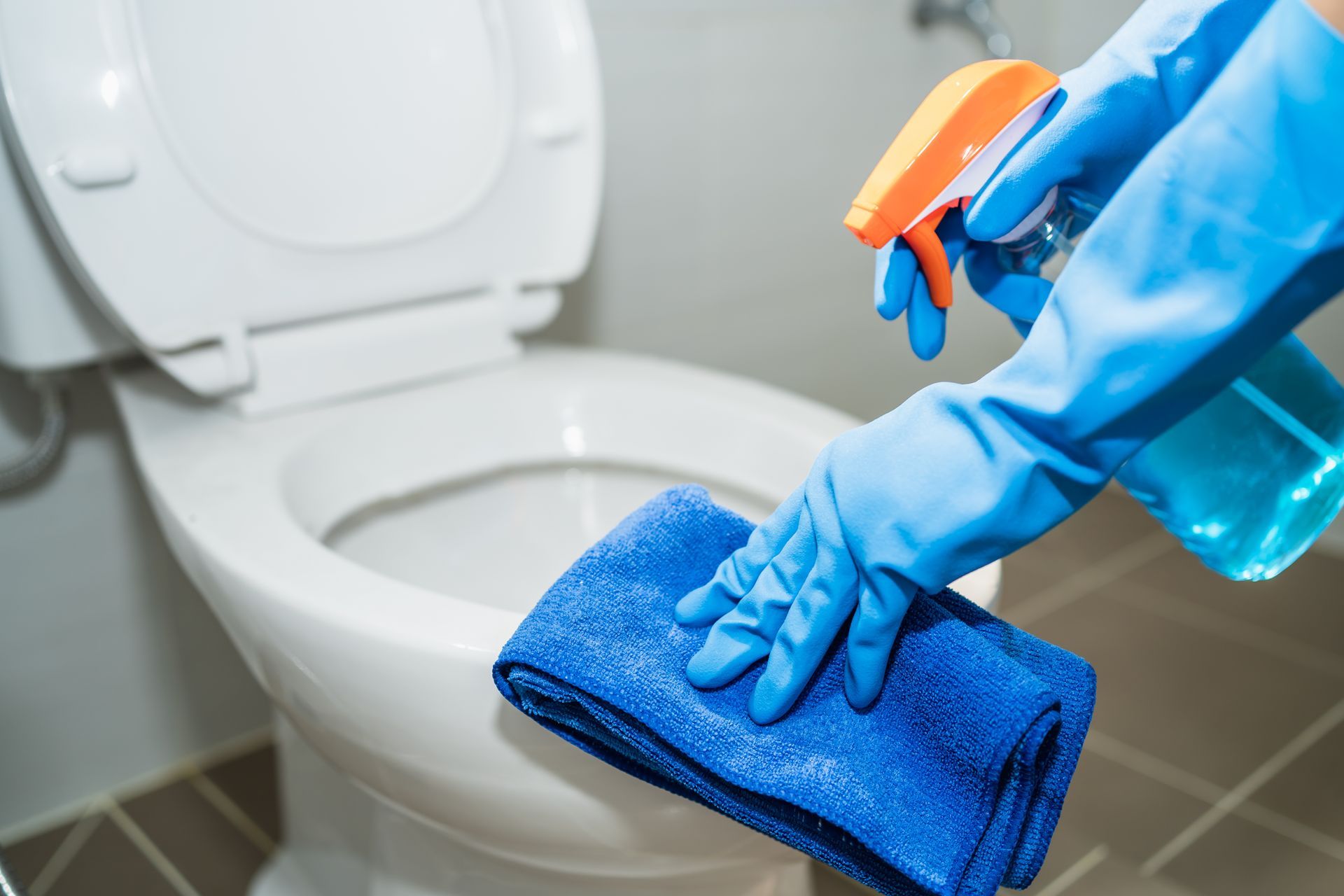 Cleaning a toilet.