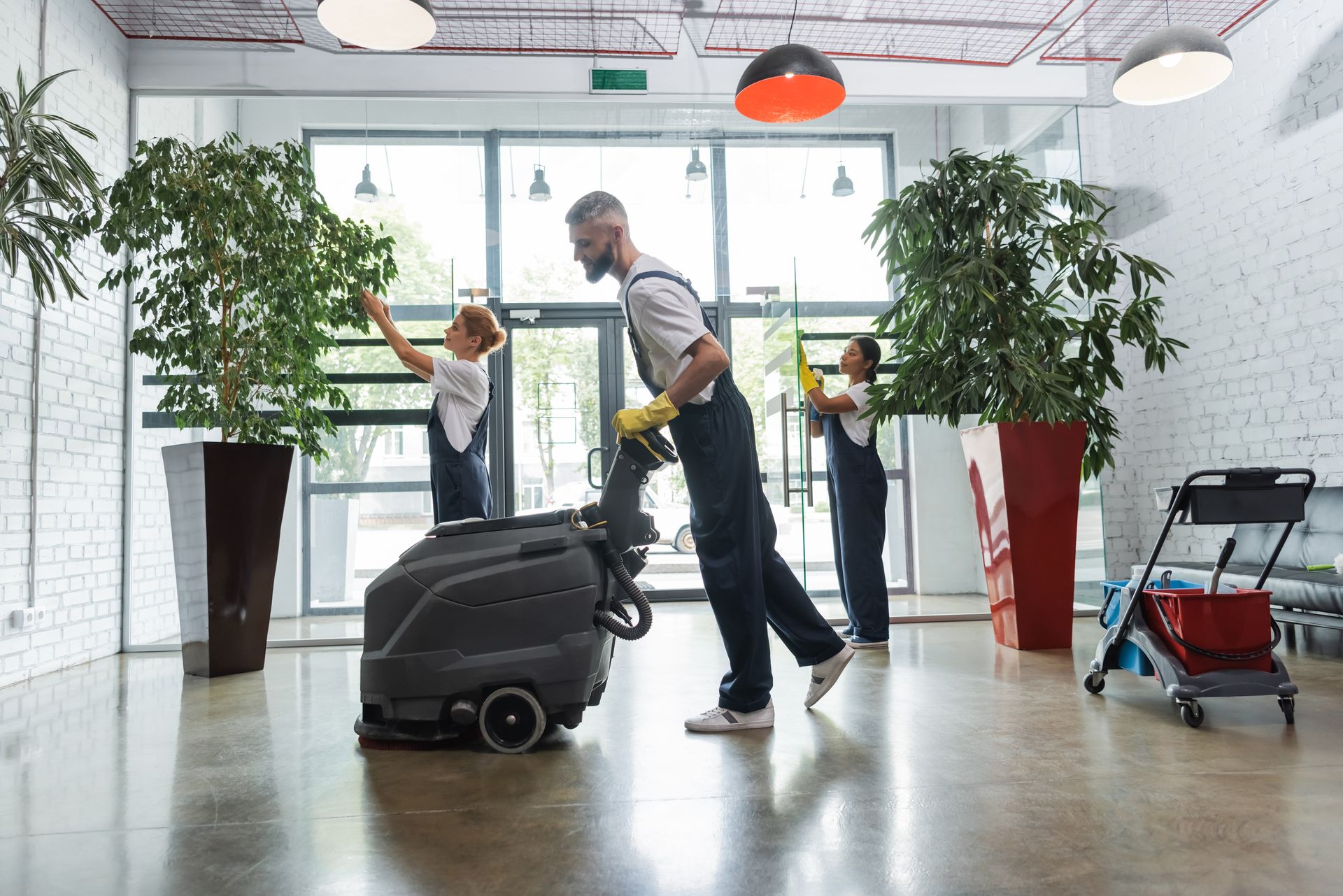 Cleaning bank lobby.