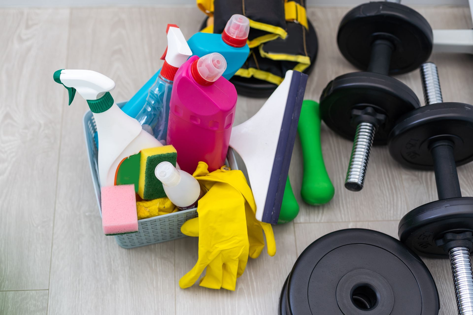 Cleaning supplies and dumbbells on the floor.