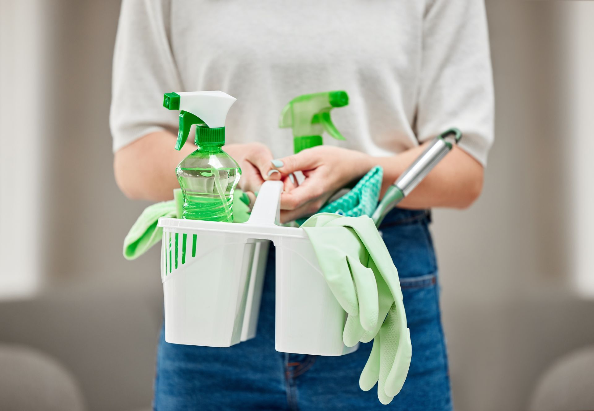 Holding a basket full of cleaning supplies.
