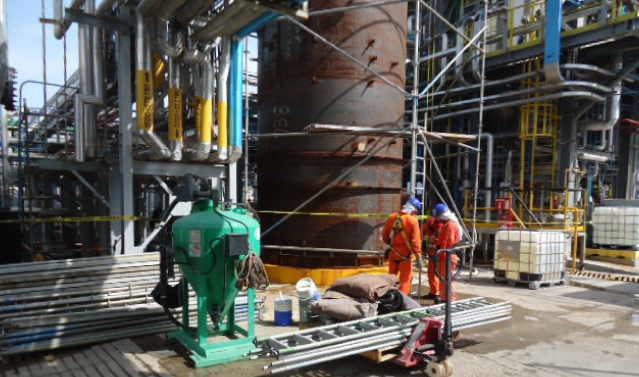 A before and after photo of a brick building