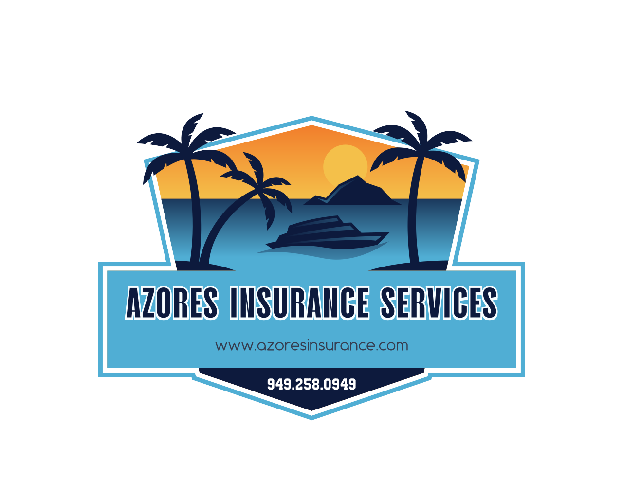 Logo: Ocean scene with palms, boat, sun, and 