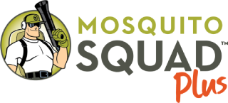 Mosquito Squad logo: A man with a sprayer, with company name and 