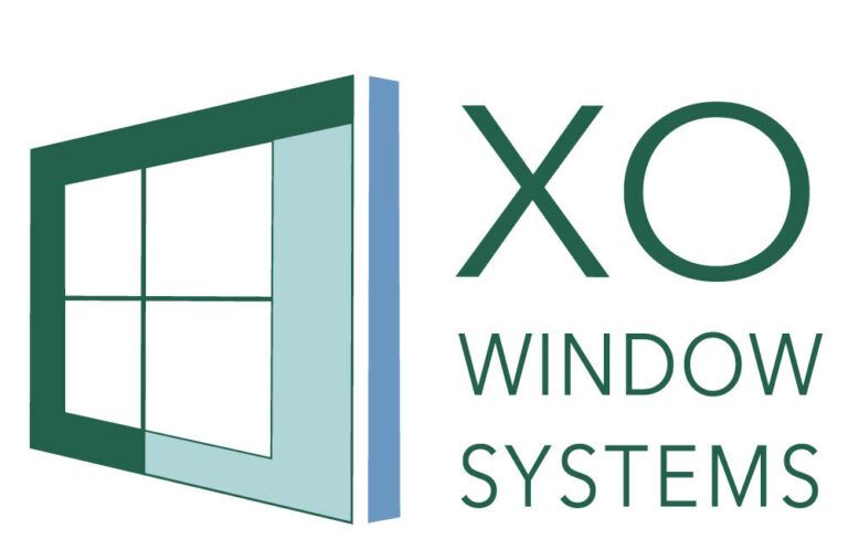 A logo for xo window systems with a window in the middle