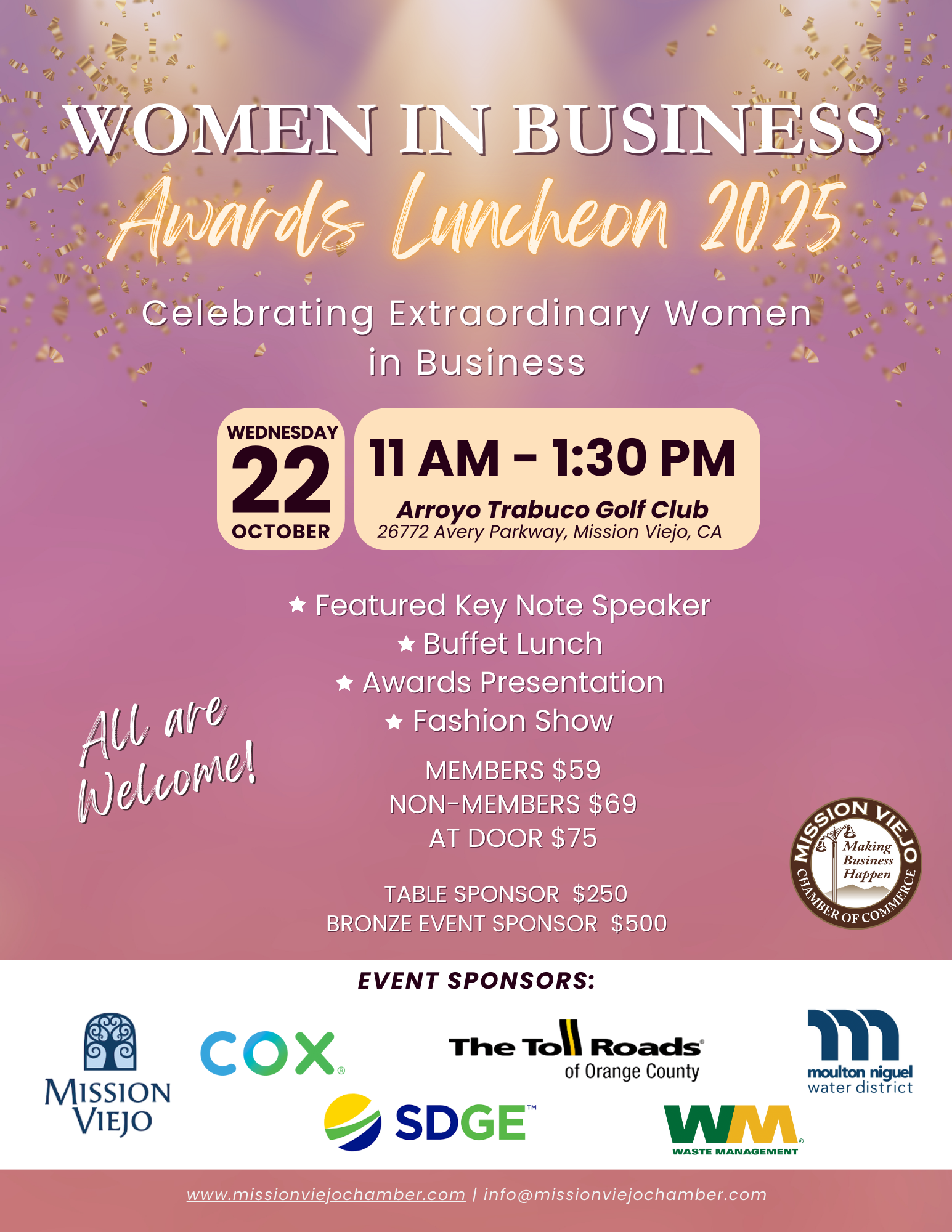 Women in Business Awards Luncheon 2025, October 22nd, at Arroyo Trabuco Golf Club. Celebrating women in business.