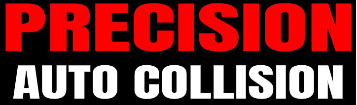 A red and white logo for precision auto collision