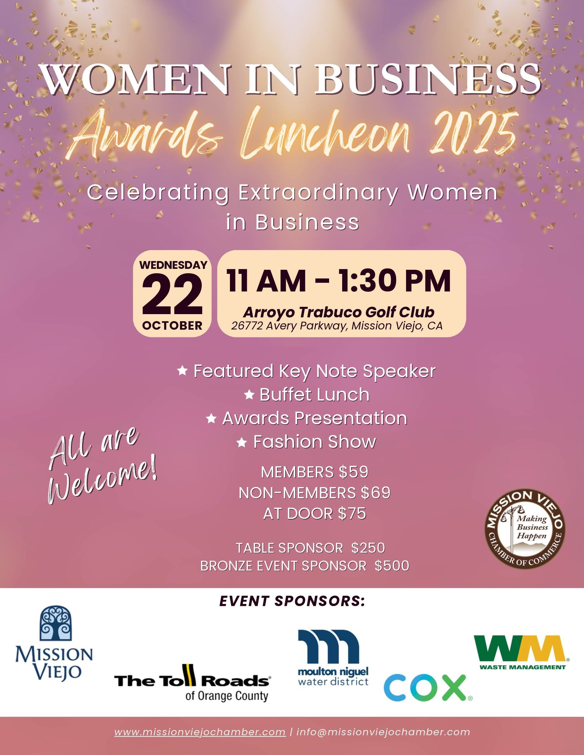 Women in Business Awards Luncheon 2025, October 22nd, at Arroyo Trabuco Golf Club. Celebrating women in business.