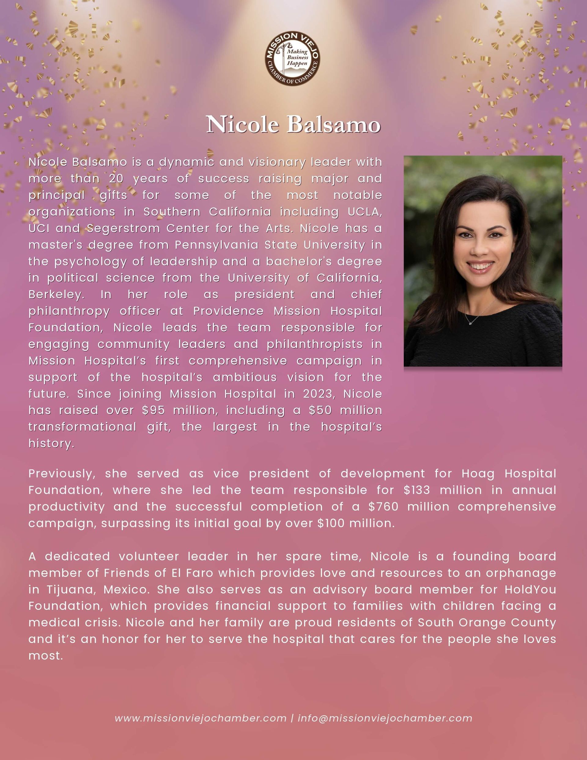 Nicole Anderson: headshot, woman in front of a light purple background, text describing her.