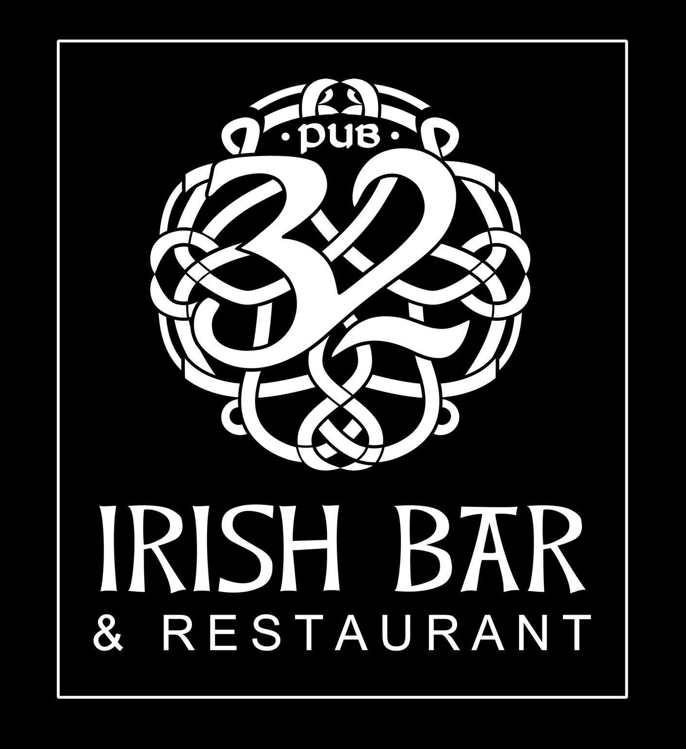 Logo for Pub 32 Irish Bar & Restaurant. White Celtic knot with “32” and