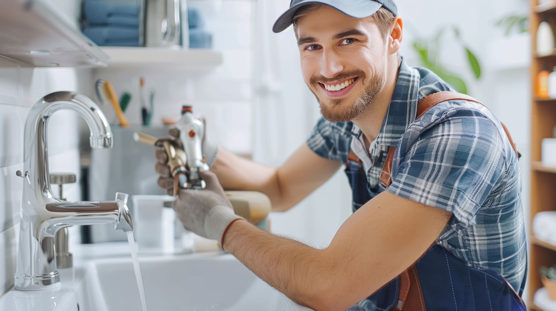A professional plumber in a home, holding a new faucet part for a reliable plumbing service
