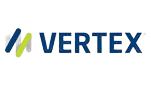 a blue and green logo for vertex on a white background .